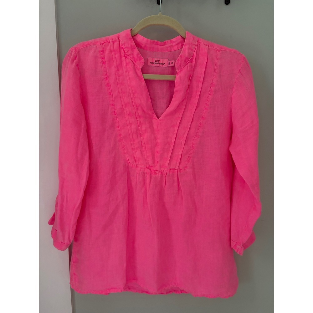 Vineyard Vines Neon Pink 100% Linen V-Neck Tunic Top Women's XS